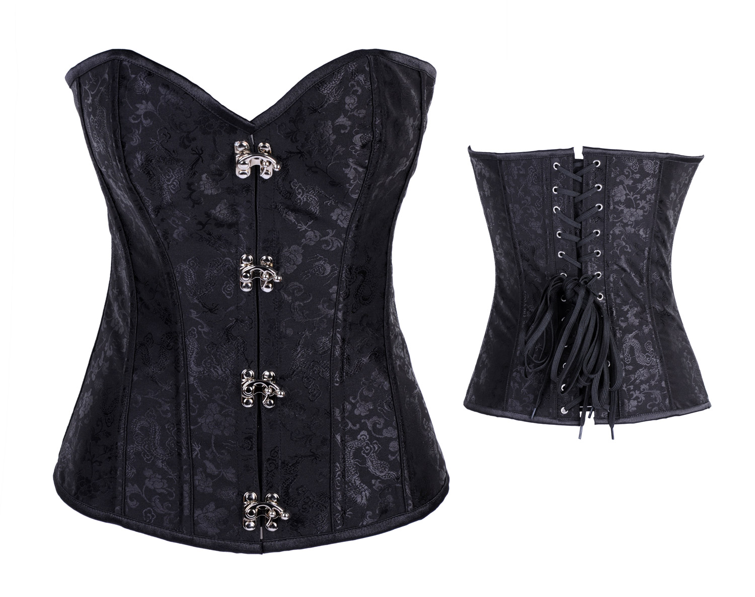 Black oriental floral print overbust boned corset
